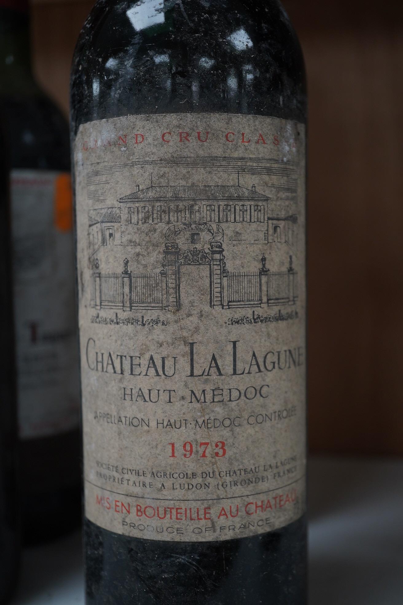 Ten bottles of French red wine to include Marquis D’Aulnay 1976 and Chateau Laroque 1986. Condition - storage unknown